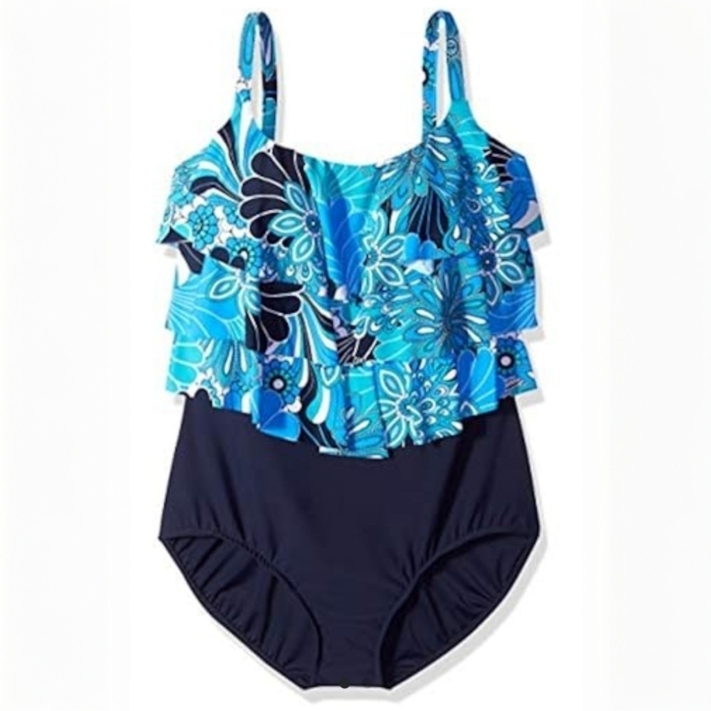 Swim Solutions Womens One piece Floral Tiered Tummy control Swimsuit Size 10